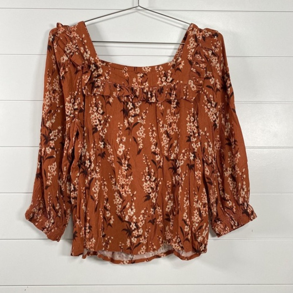 Garnet Hill Blouse Womens Small Floral Tunic 3/4 Sleeve‎ Square Neck Viscose